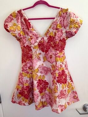 Floral brocade pink puff sleeve mini Dress